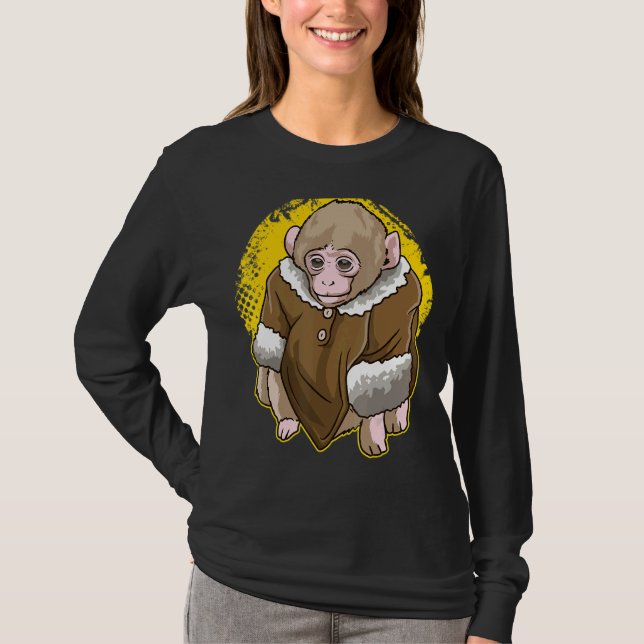 Cute Snow Macaque Monkey Wearing A Coat Meme T-Shirt (Front)