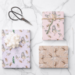 Cute Snow Sparrow Watercolour Hand-painted Wrapping Paper Sheet