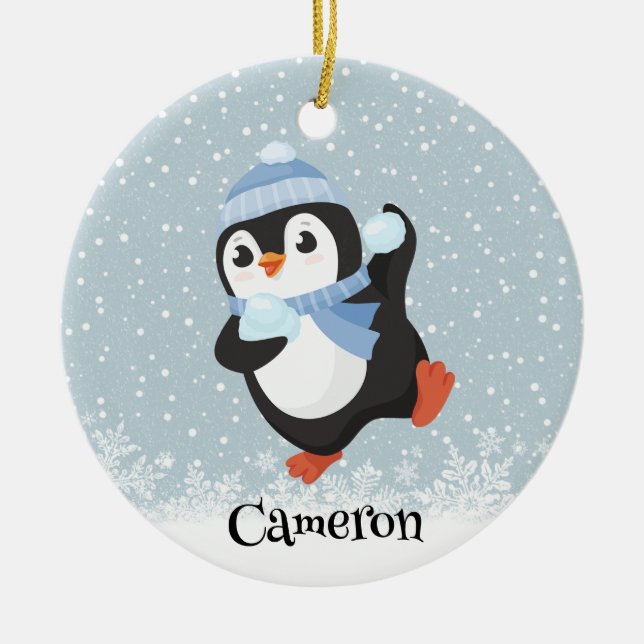 Cute Snowball Throwing Penguin Ornament (Front)