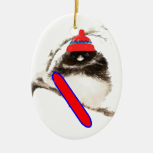 Cute Snowboard Bird in Hat, Christmas Humour, Ceramic Tree Decoration
