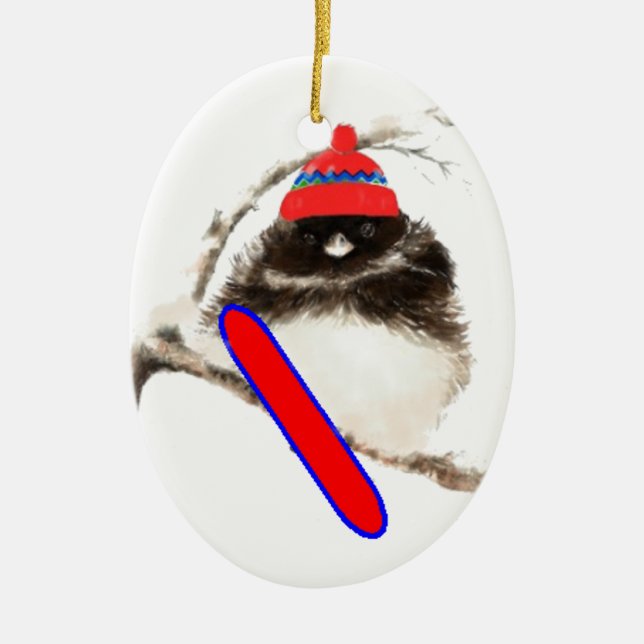 Cute Snowboard Bird in Hat, Christmas Humour, Junc Ceramic Tree Decoration (Front)