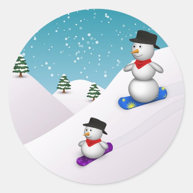 Cute Snowboarding Snowmen Classic Round Sticker (Front)