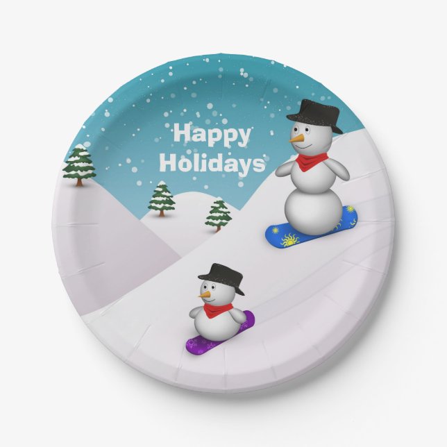 Cute Snowboarding Snowmen Paper Plate (Front)