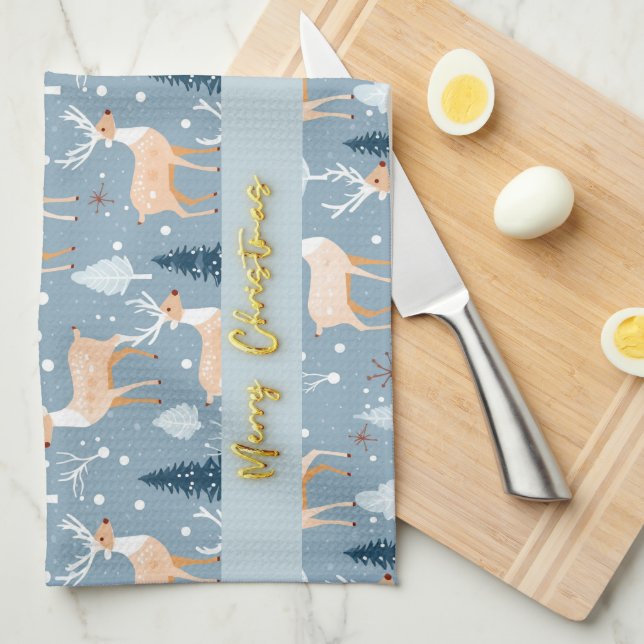 Cute Snowflake Reindeer Modern Elegant Pastel Blue Tea Towel (Quarter Fold)