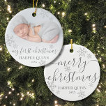 Cute Snowflakes Photo Baby My First Christmas Ceramic Tree Decoration<br><div class="desc">Introducing a beautifully simple and elegant Christmas ornament, perfect for celebrating a baby's first holiday season. The front showcases a cherished photo of your little one, adorned with the phrase "My First Christmas" in delicate script typography, along with the baby's name and year. Light grey snowflake accents grace both the...</div>