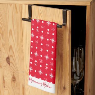 Cute Snowflakes  White Pattern Script Name   Red Tea Towel