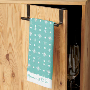 Cute Snowflakes  White Pattern Script Name Teal Tea Towel