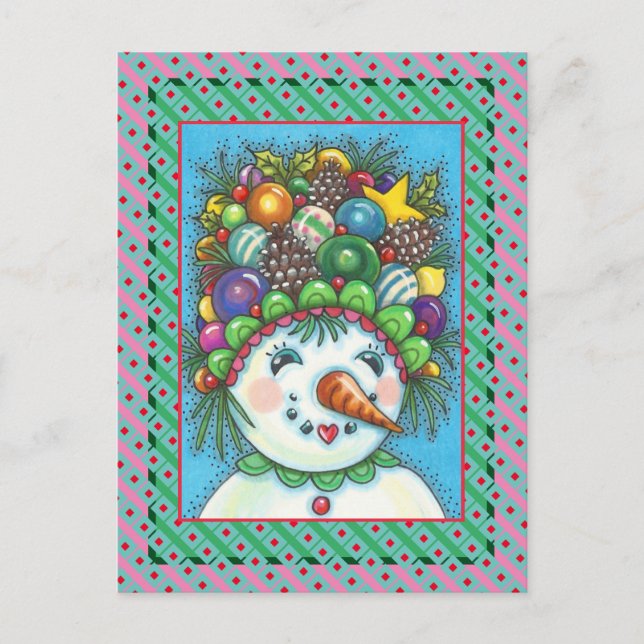 CUTE SNOWGIRL IN CHRISTMAS PARTY HAT, ORNAMENTS HOLIDAY POSTCARD (Front)