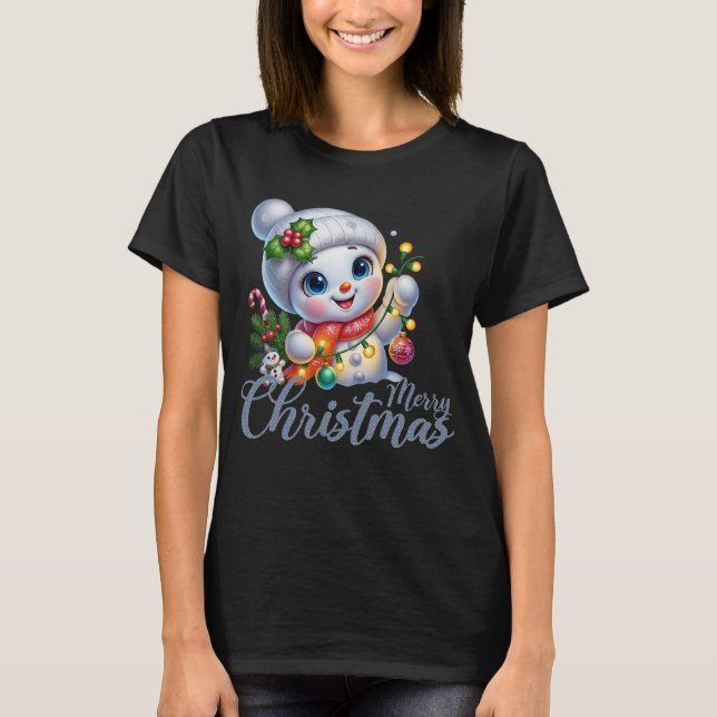 Cute Snowgirl Merry Christmas Lights Tee (Front)