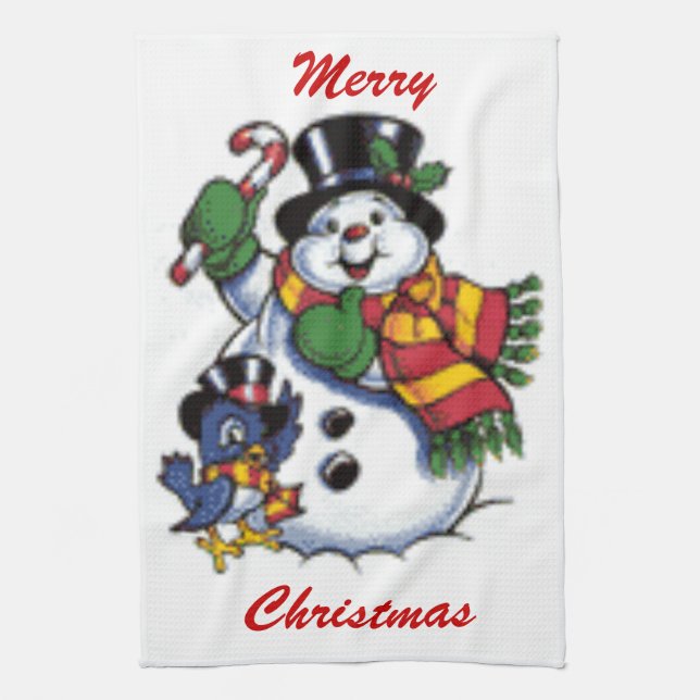 Cute Snowman And Bluebird Tea Towel (Vertical)