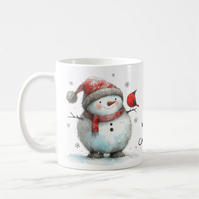 Cute Snowman and Cardinal Red Bird Coffee Mug (Left)