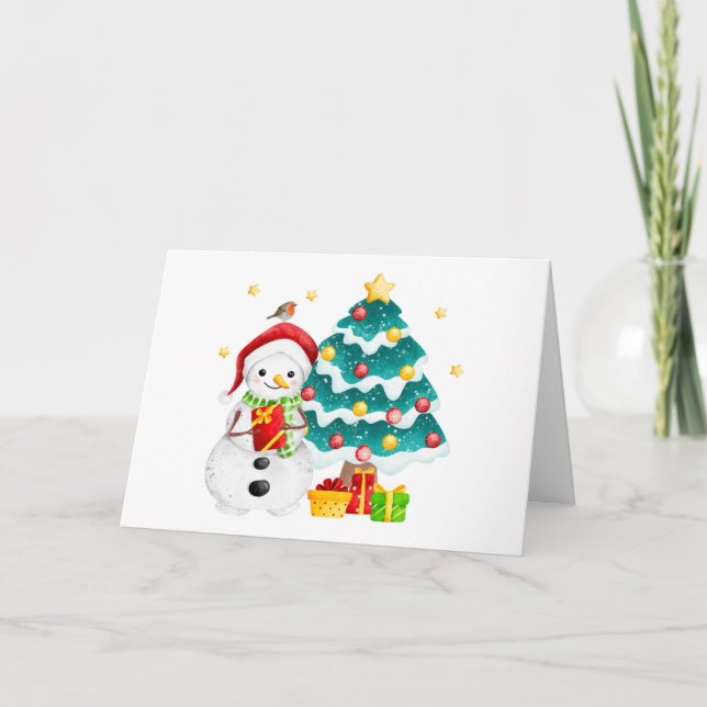 Cute Snowman and Christmas Tree  Card (Front)