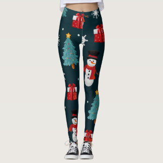 Cute Snowman and Christmas Tree Pattern Leggings