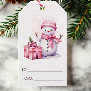 Cute Snowman and Gift Pink Watercolor Christmas Tags