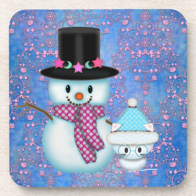 Cute Snowman and Kitten Chrismtas Coasters (Front)