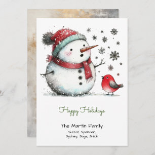 Cute Snowman and Red Bird Happy Holiday Card