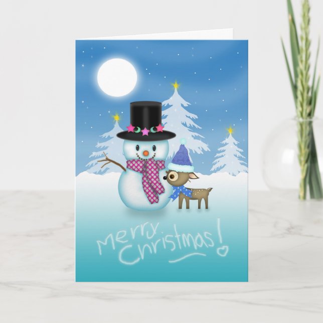 Cute Snowman and Reindeer Christmas Card (Front)
