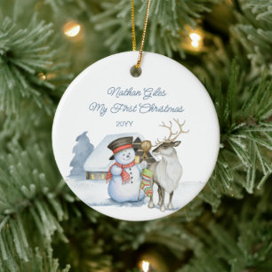 Cute Snowman and Reindeer First Christmas Ceramic Ceramic Tree Decoration