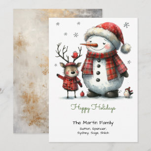 Cute Snowman and Reindeer Green Happy Holiday Card