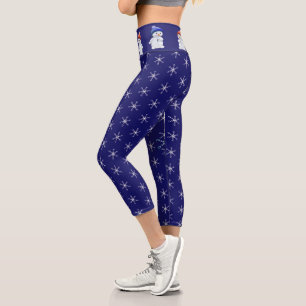 Cute snowman and snowflake pattern on navy blue capri leggings