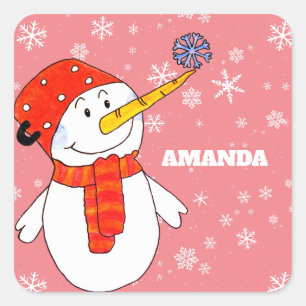 Cute Snowman and Snowflakes Kids Christmas Square Sticker