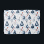 Cute Snowman And Snowy Trees Merry Christmas Bath Mat<br><div class="desc">A cute Snowman and snowy trees Christmas bath mat with snowmen wearing red Santa hats and fir trees covered in snow with a snowy white background. Merry Christmas text in red can be personalised as needed , change to a name or another greeting as per your needs . A cute...</div>