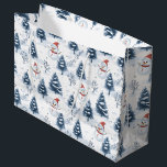 Cute Snowman And Snowy Trees Merry Christmas Large Gift Bag<br><div class="desc">A cute Snowman and snowy trees Christmas gift bag with snowmen wearing red Santa hats and fir trees covered in snow with a snowy white background. Merry Christmas text in blue can be personalised as needed , change to a name or another greeting as per your needs . A cute...</div>
