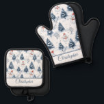 Cute Snowman And Snowy Trees Merry Christmas Oven Mitt & Pot Holder Set<br><div class="desc">A cute Snowman and snowy trees Christmas oven glove and pot holder with snowmen wearing red Santa hats and fir trees covered in snow with a snowy white background. Merry Christmas greeting in blue can be customised as needed then personalise with a name to make this a unique fun christmas...</div>