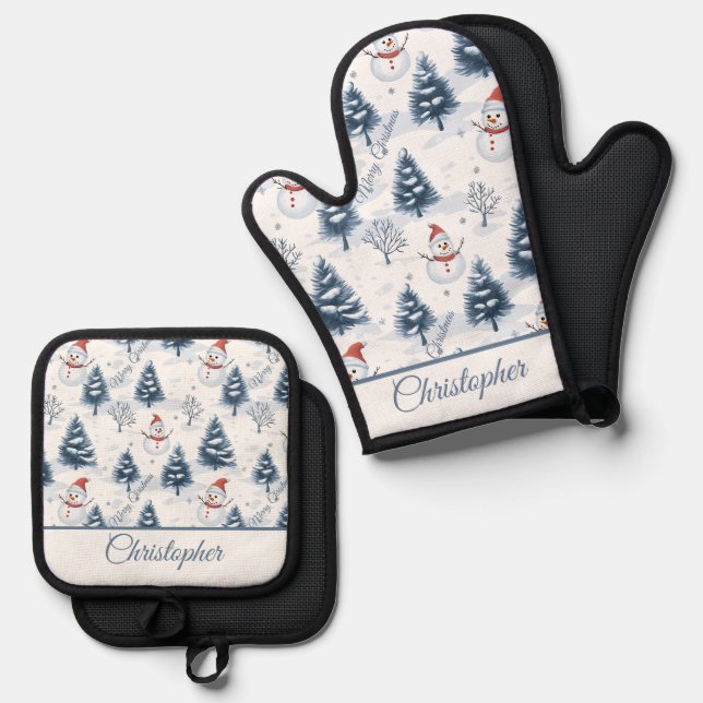 Cute Snowman And Snowy Trees Merry Christmas Oven Mitt & Pot Holder Set (Front/Back)