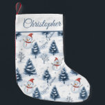 Cute Snowman And Snowy Trees Merry Christmas Small Christmas Stocking<br><div class="desc">A cute Snowman and snowy trees Christmas Stocking with snowmen wearing red Santa hats and fir trees covered in snow with a snowy white background. Merry Christmas greeting in blue can be customised as needed then personalise with a name to make this a unique fun christmas stocking for the holiday...</div>
