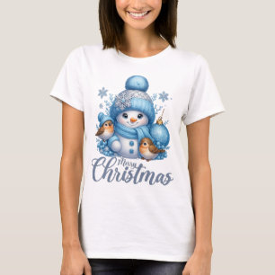 Cute Snowman and Winter Birds Christmas T-Shirt