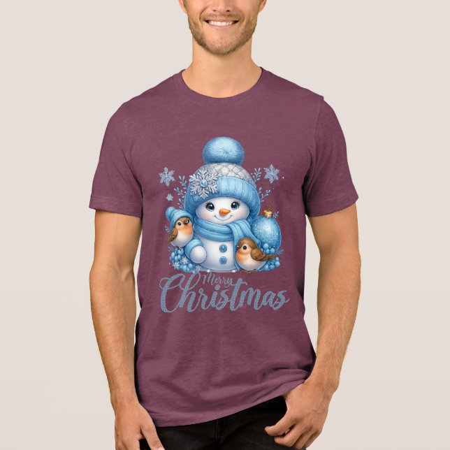 Cute Snowman and Winter Birds Christmas Tri-Blend Shirt (Front)