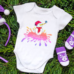 Cute Snowman Baby`s First Christmas Baby Bodysuit<br><div class="desc">Cute Snowman Baby`s First Christmas Baby Bodysuit. Cute smiling snowman with a snowflake on his nose. The background is a pink colour splash. Add your name and year of birth.</div>