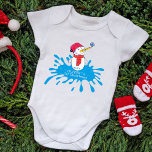 Cute Snowman Baby`s First Christmas Baby Bodysuit<br><div class="desc">Cute Snowman Baby`s First Christmas Baby Bodysuit. Cute smiling snowman with a snowflake on his nose. The background is a blue colour splash with white snowflakes. Add your name and year of birth.</div>
