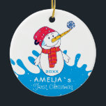 Cute Snowman Baby`s First Christmas Ceramic Tree Decoration<br><div class="desc">Cute Snowman Baby`s First Christmas Ceramic Ornament. Cute smiling snowman with a snowflake on his nose. The background is a blue colour splash with white snowflakes. Easy personalise with your name and year of birth.</div>