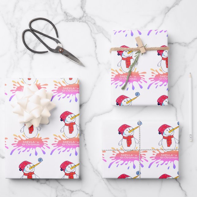 Cute Snowman Baby`s First Christmas Pink Baby Wrapping Paper Sheet (Front)