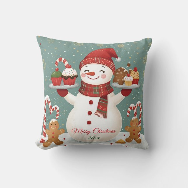 Cute Snowman Baker Christmas Throw Pillow (Front)