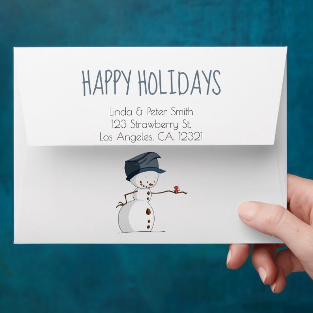 Cute Snowman Bird Happy Holidays Return Address Envelope (Hand)