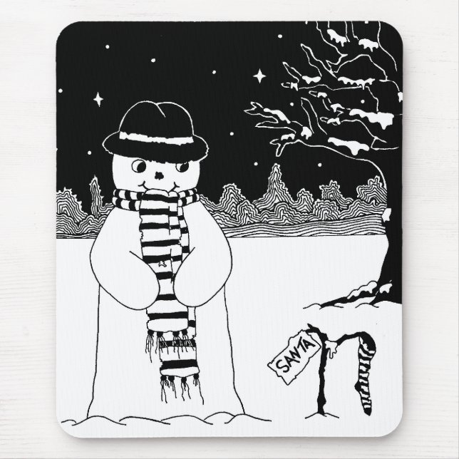 Cute snowman black & white Christmas illustration Mouse Pad (Front)