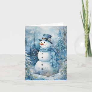 Cute Snowman Blue Hat & Scarf Flowers Trees Blank Card