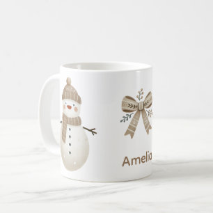 Cute Snowman Bow Drawing Name Christmas Coffee Mug
