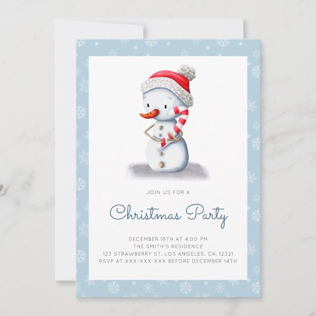 Cute Snowman Candy Cane Christmas Party Invitation (Front)