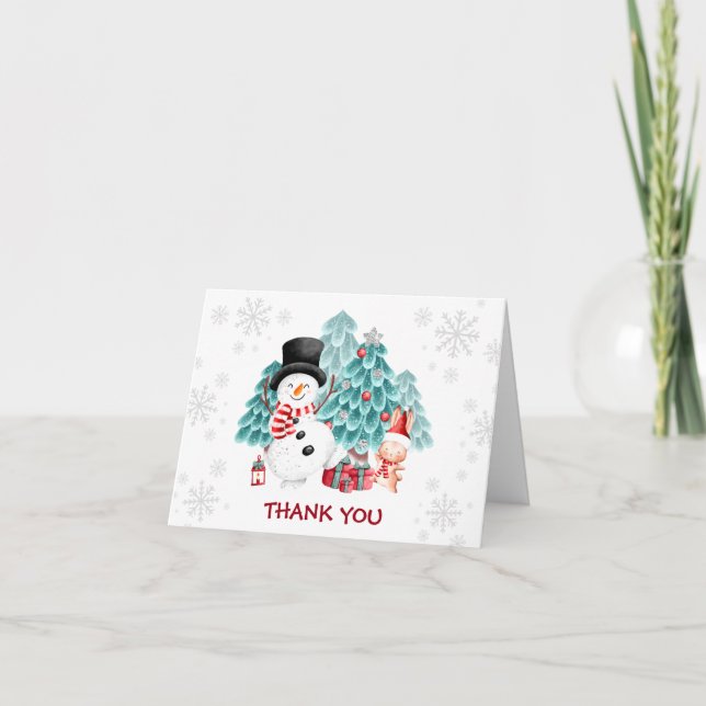 Cute Snowman Christmas Birthday Party Thank You Card (Front)