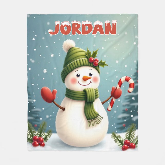 Cute Snowman Christmas Design with Custom Name Fleece Blanket (Front)