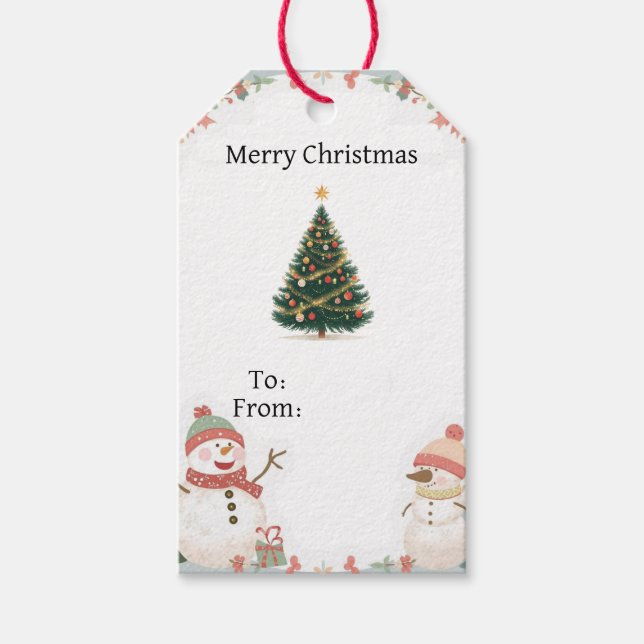 Cute Snowman Christmas Gift Tag With Tree (Front)