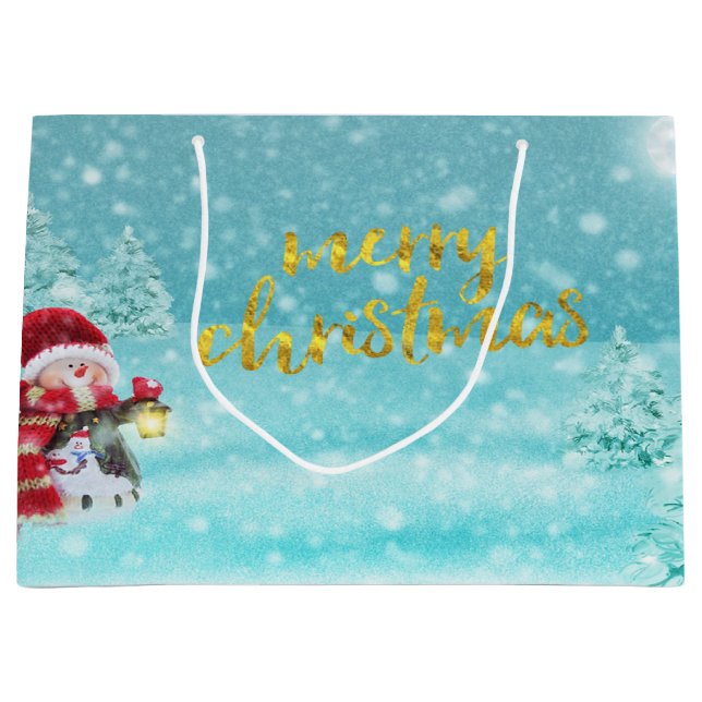 Cute Snowman,Christmas Hat, Pine Trees Holiday Large Gift Bag (Front)