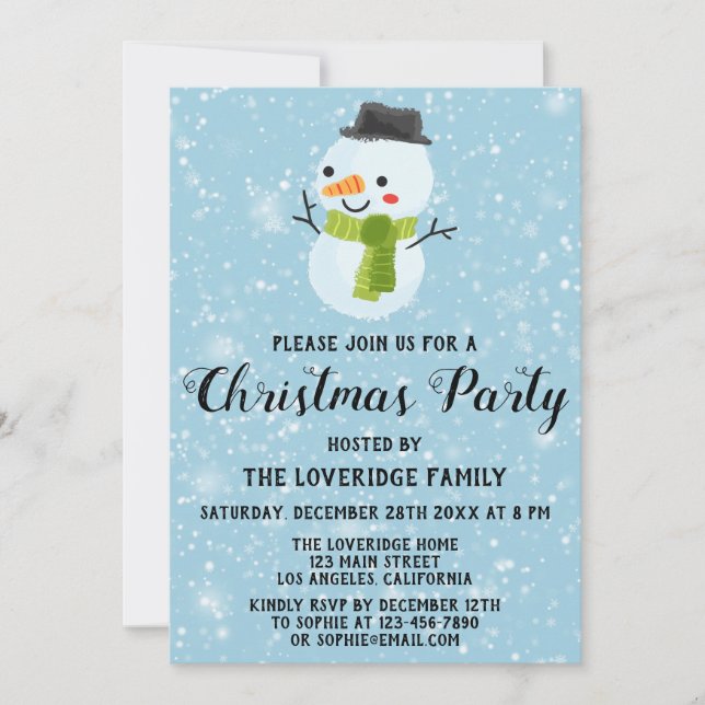 Cute Snowman Christmas Party White Snowflakes Blue Invitation (Front)