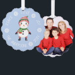 Cute Snowman Christmas Peace Love Joy Snowflakes Tree Decoration Card<br><div class="desc">A Christmas design: a cute little snowman with knitted, red and green striped scarf and hat, on light blue background, surrounded by arched text with white snowflakes between words. The message above is Peace Love Joy, below there is the name and year. On the back there is a placeholder family...</div>