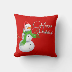Cute Snowman Christmas Red Cushion