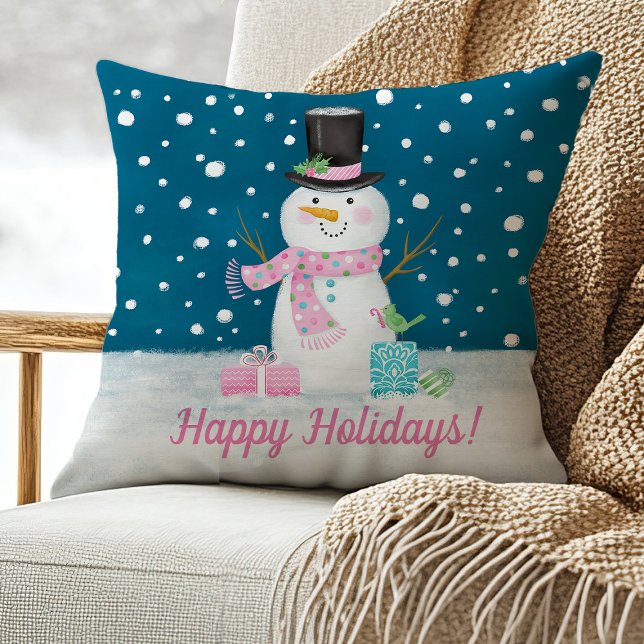 Cute Snowman Christmas Throw Pillow (A cute snowman pillow with a pink scarf. Personalize it with your holiday greeting.)